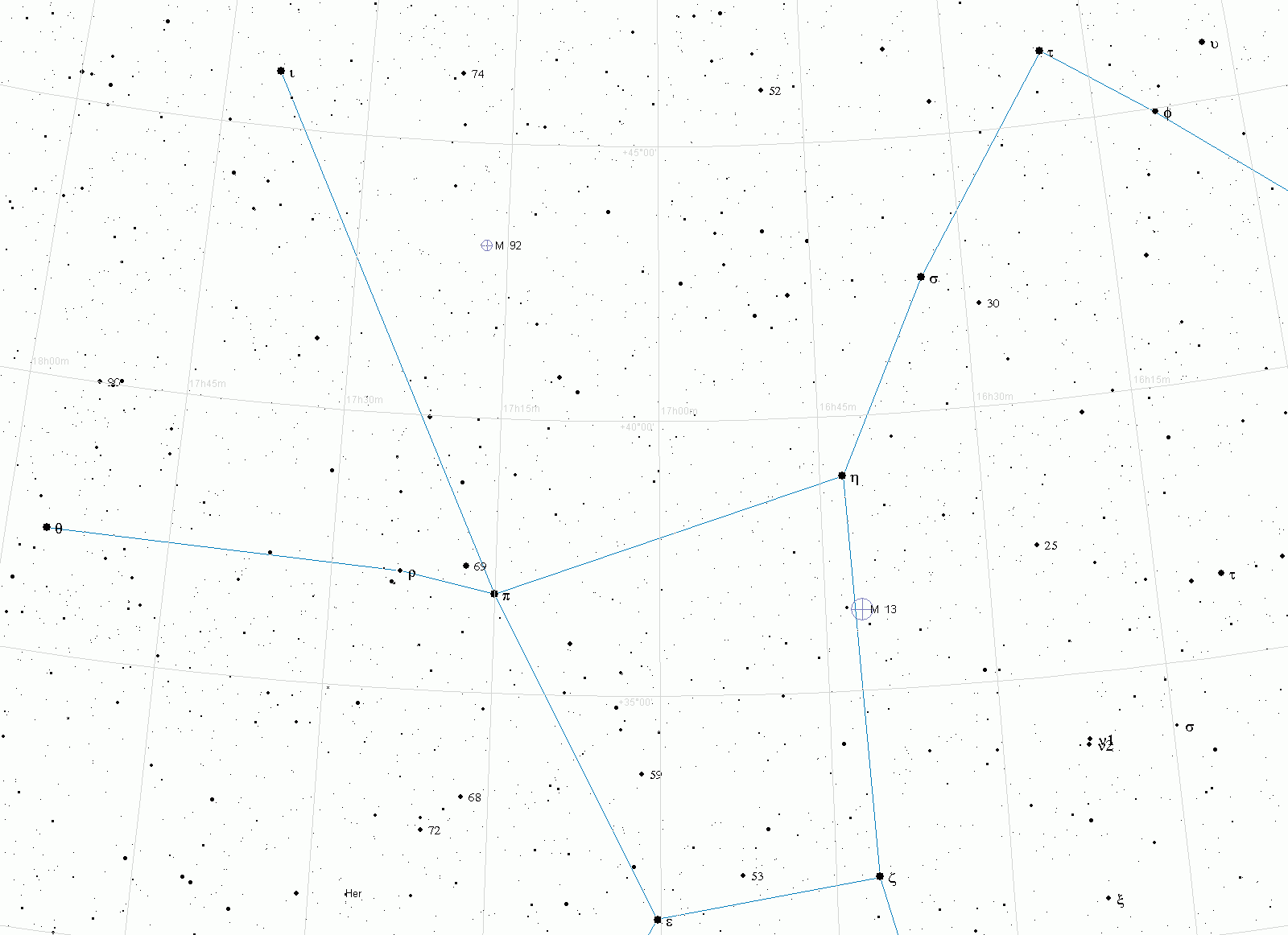 Шаровое скопление Геркулеса М13 - нажмите для просмотра карты в полном размере